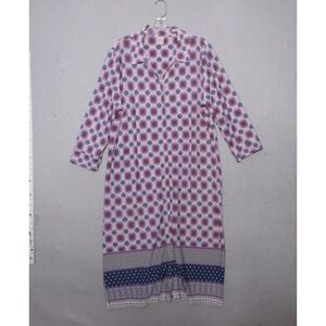 Chicos Shirt Dress 3 Pink Blue Geometric Mandala Button Midi Comfort Easy Wear